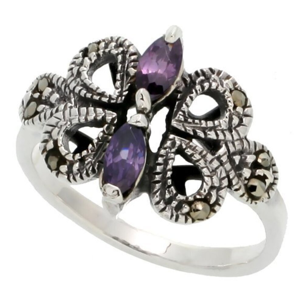 Sterling Silver Marcasite Butterfly Ring, w/ Marquise Cut Amethyst CZ stones